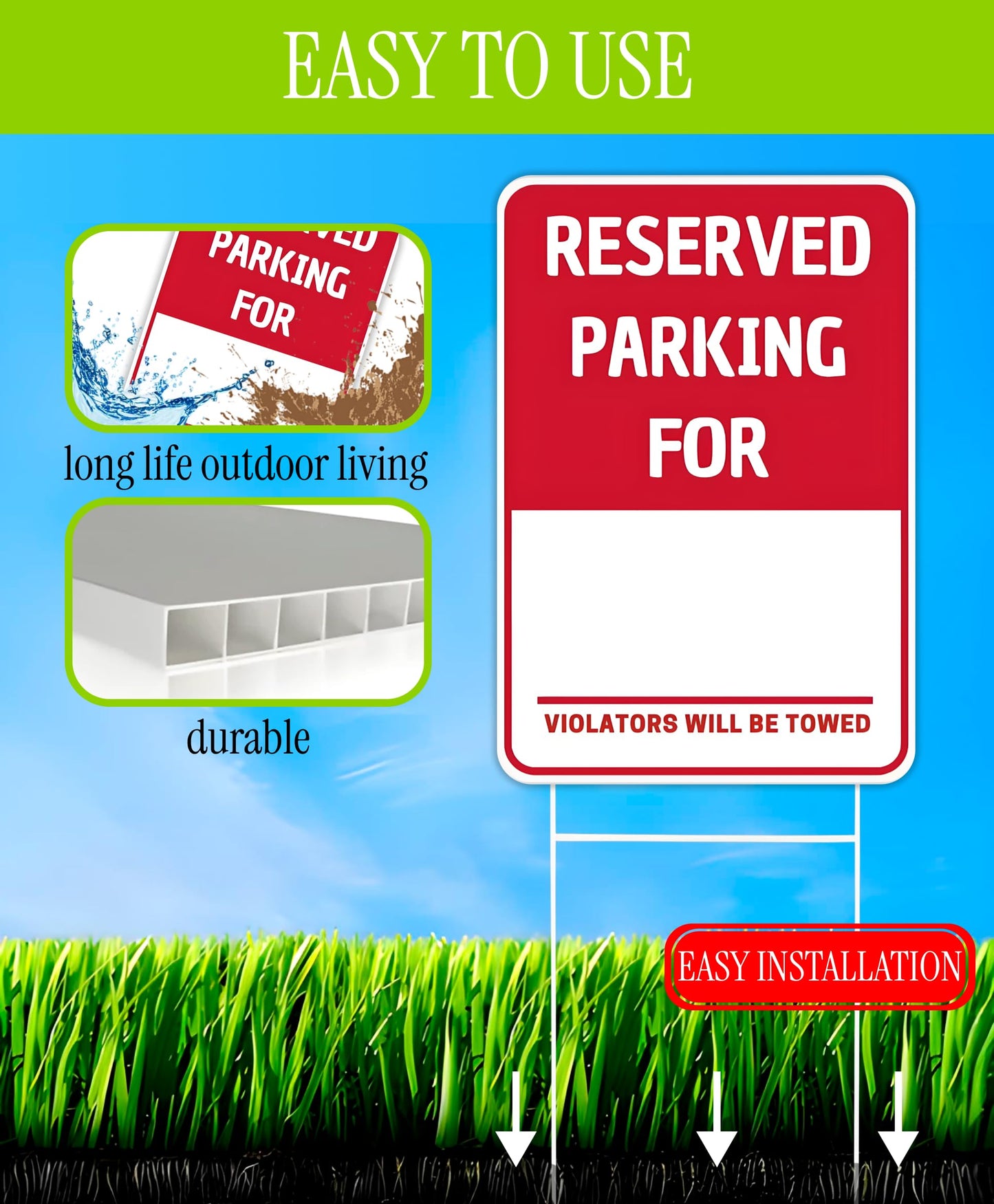 Set of 3 Double Sided 8x12 Inches Reserved Parking Signs with Metal Wire H-Stakes - Plastic Indoor or Outdoor Sign Text Only