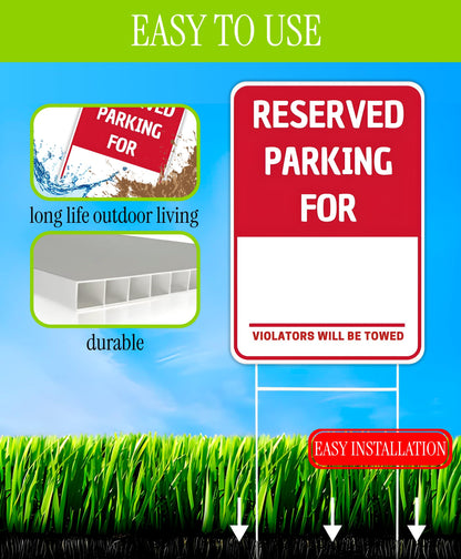Set of 3 Double Sided 8x12 Inches Reserved Parking Signs with Metal Wire H-Stakes - Plastic Indoor or Outdoor Sign Text Only