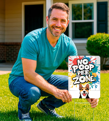 Set of 3 Double Sided 12x8 Inches Plastic Sign "No Poop and Pee Zone" With H-Stakes