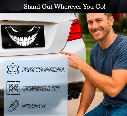Personalized Front Black Cheshire Cat License Plate Frame - Car Frames Evil Cheshire Cat Smile with 4 Standard Slotted Mounting Holes