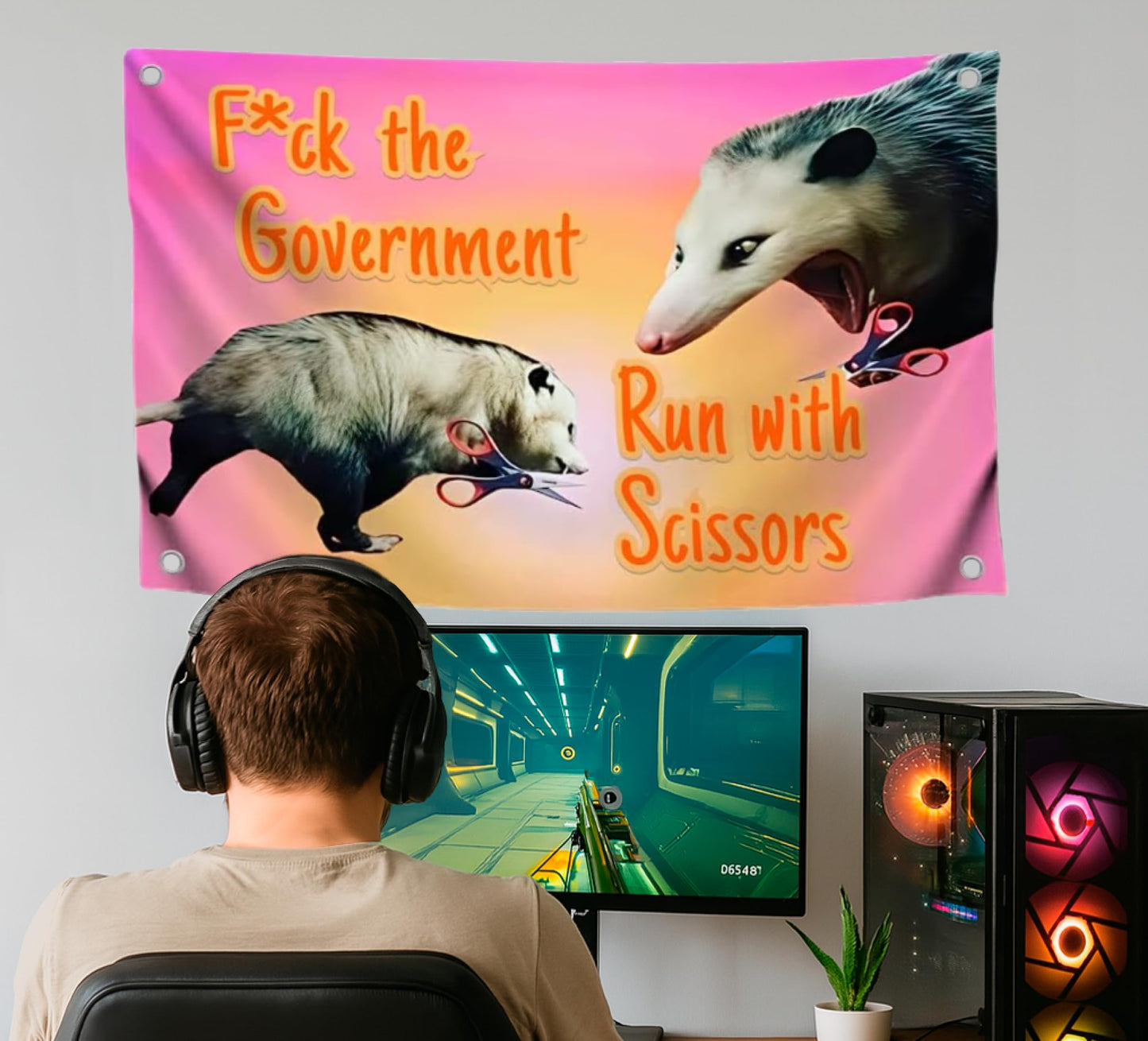 3x5 Ft Single Sided Polyester Flag with 4 Brass Grommets "F*ck The Government Run With Scissors" Meme Banner for College Dorm Boys