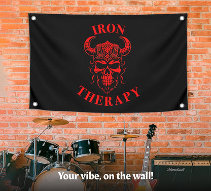 3x5 Feet Large Wall Flag With Quote "Iron Therapy" with Four Brass Grommets - Skull Gym Tapestry or Home Gym Decor - Inspirational Home Leadership