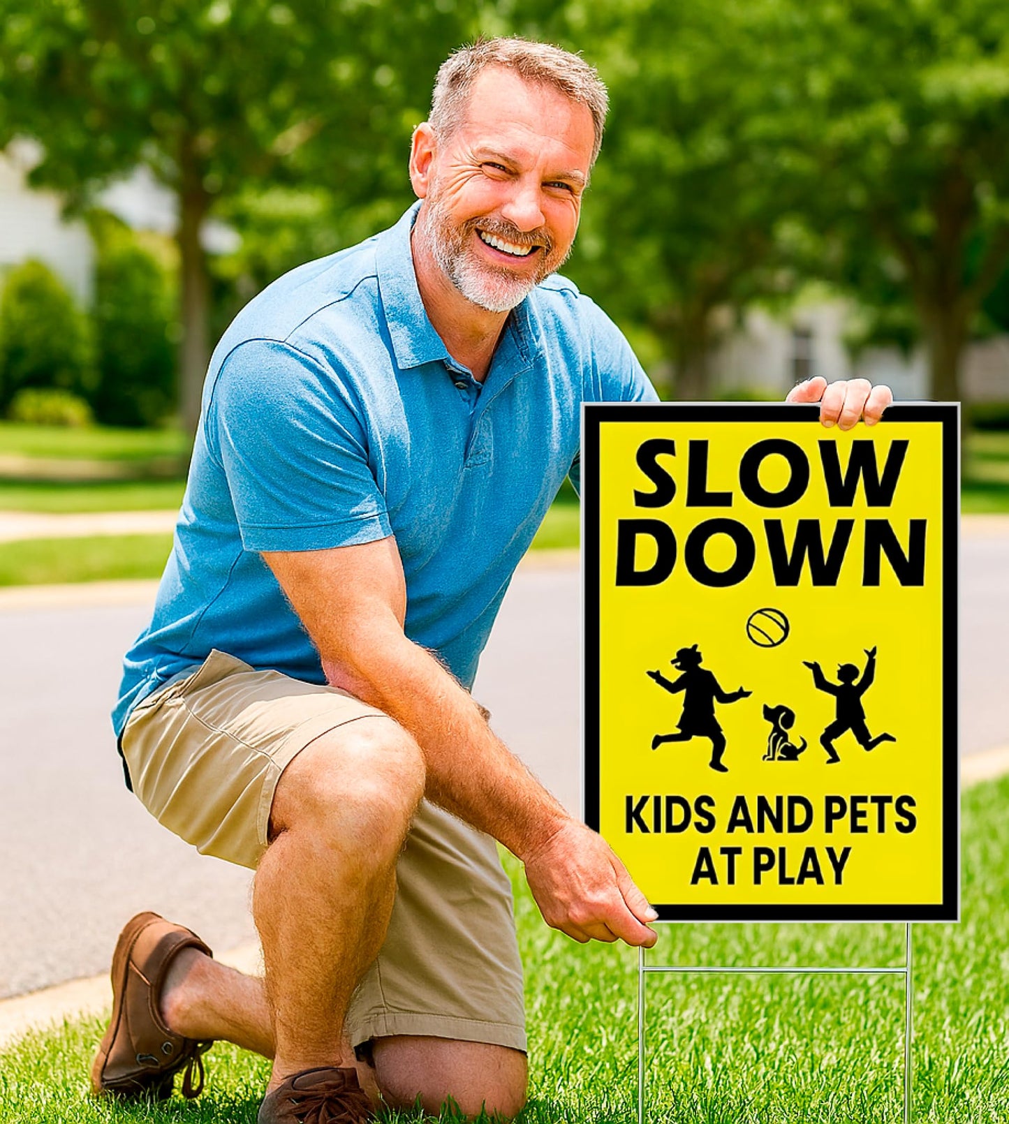 3 Pack Single Sided 8x12 Please Slow Down Kids and Pets at Play Yard Plastic Sign with Metal H-Stakes - Children At Play