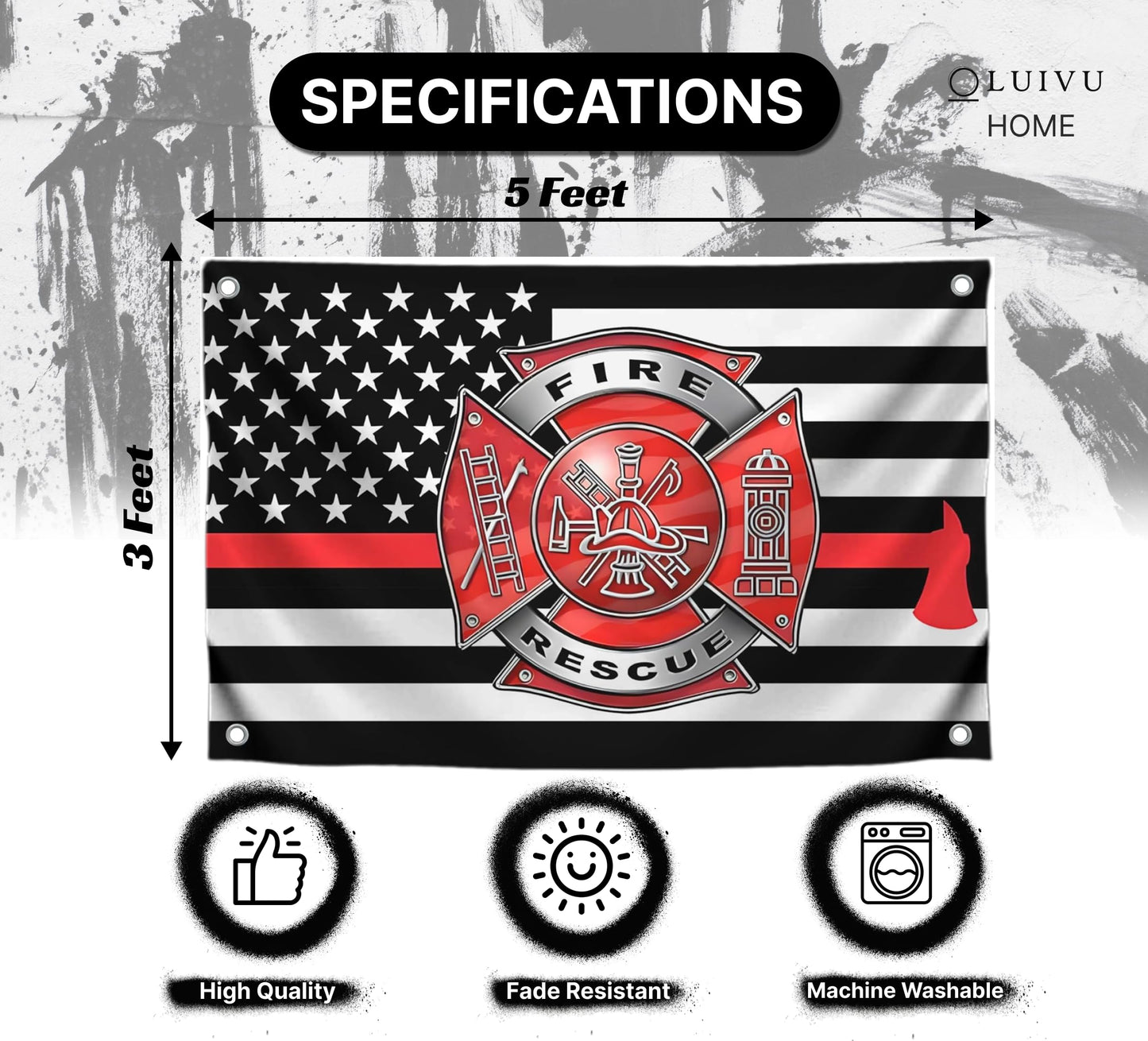 3x5 Feet Firefighter Polyester Flag with 4 Brass Grommets - Fire Department Thin Red Line American Single Sided Flag - Cross Firefighters Flags