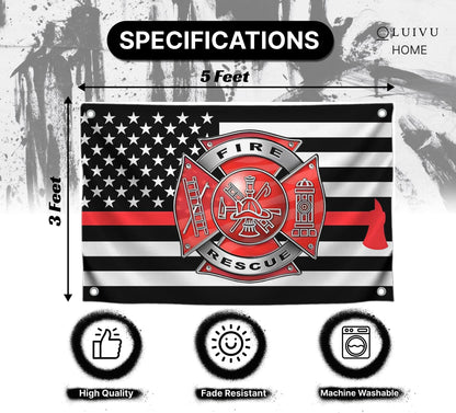 3x5 Feet Firefighter Polyester Flag with 4 Brass Grommets - Fire Department Thin Red Line American Single Sided Flag - Cross Firefighters Flags