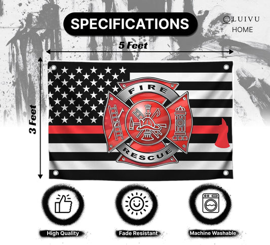 3x5 Feet Firefighter Polyester Flag with 4 Brass Grommets - Fire Department Thin Red Line American Single Sided Flag - Cross Firefighters Flags
