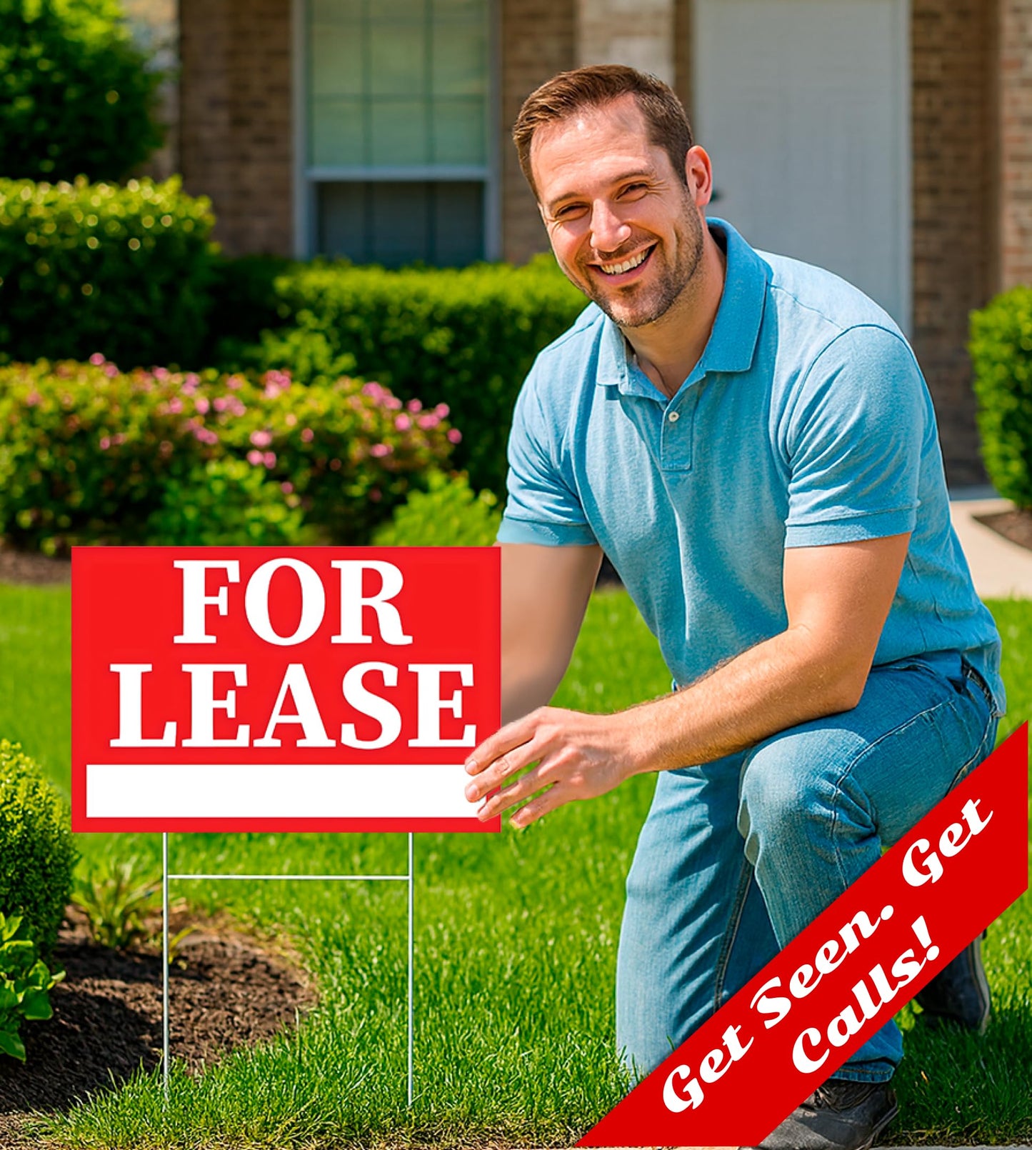 Pack of 3 Double sided Corrugated Plastic Red White for Lease Sign with H Stake 12" x 8" inch - Tall Stands for Outdoor House Business Supplies