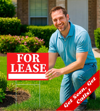 Pack of 3 Double sided Corrugated Plastic Red White for Lease Sign with H Stake 12" x 8" inch - Tall Stands for Outdoor House Business Supplies