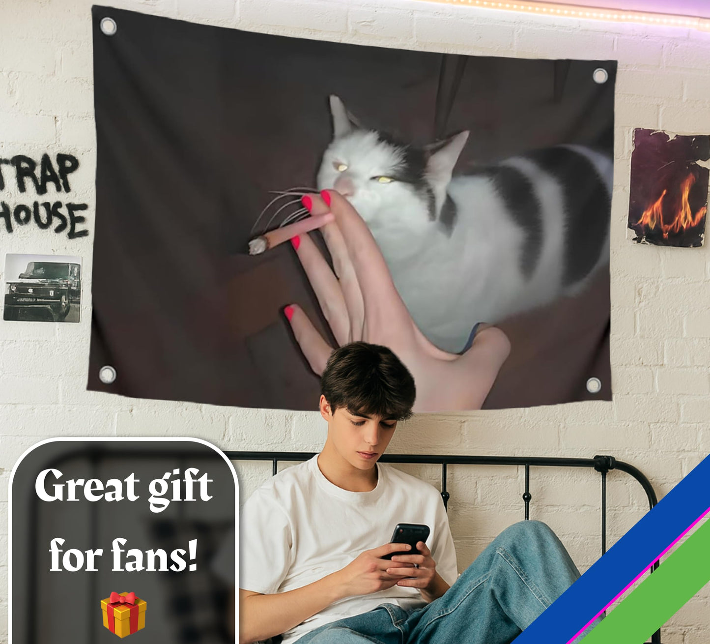 3x5 Ft Funny Cat Smoking Meme Flag - Polyester Banner with Four Brass Grommets - Single Sided Silly Wall Tapestry Poster for College Dorm Boys