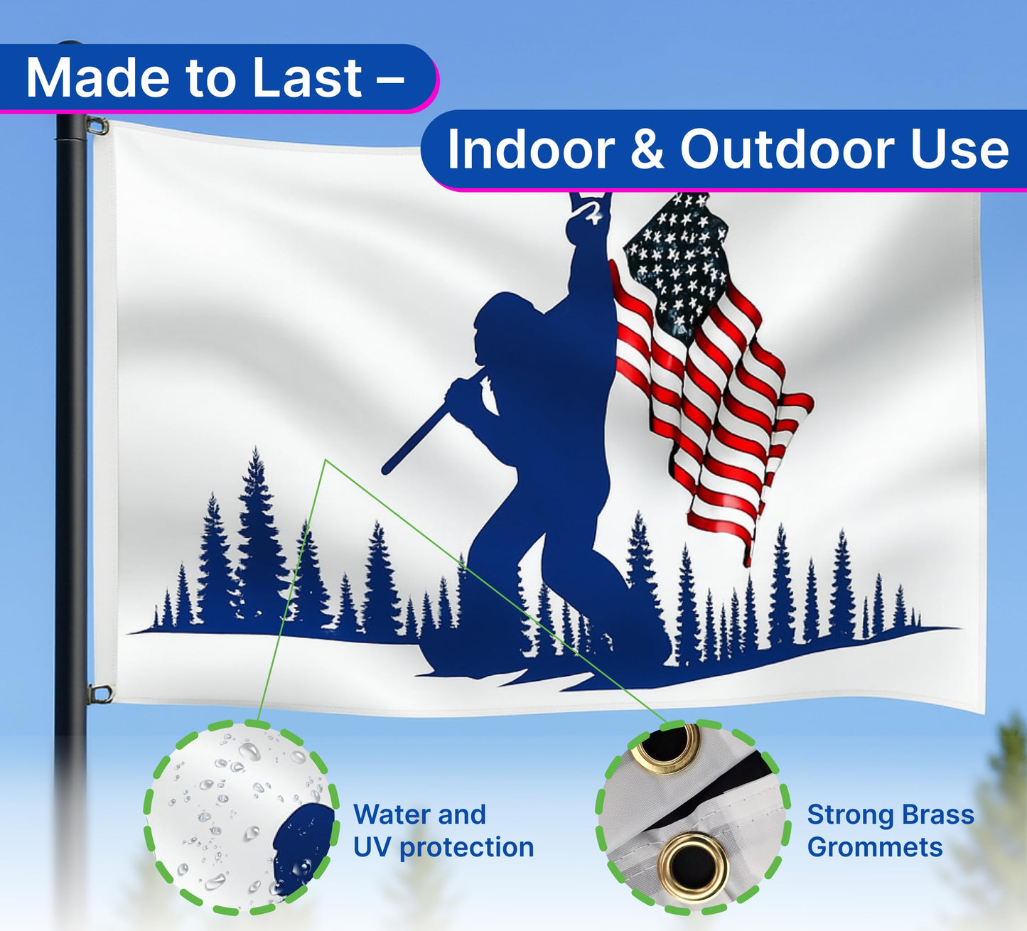 2X Single Sided 3x5 Ft and 12x18 Inches Funny Blue Bigfoot Polyester Flag - American Flags Outdoor Banner Decor with Brass Grommets