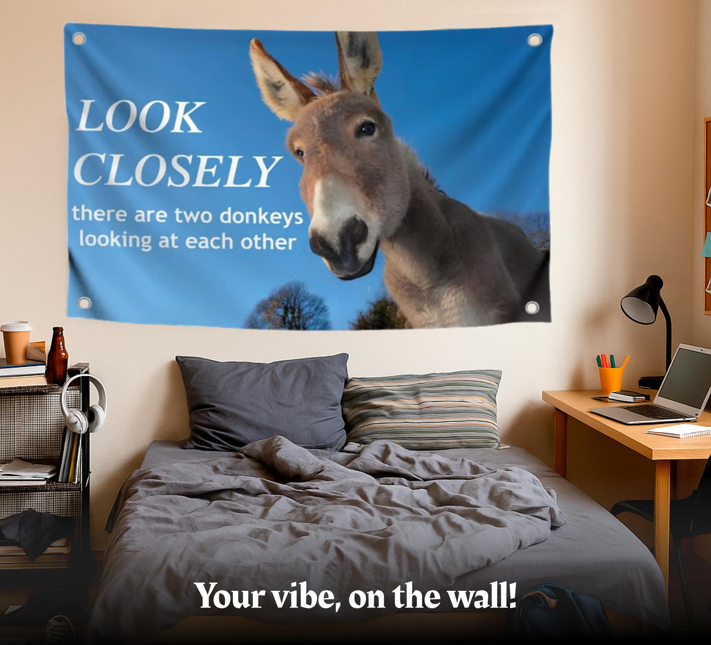 3x5 Feet Donkey Meme Single Sided Flag "Look Closely" with 4 Brass Grommets - Polyester Flags with Animals for Wall Decoration
