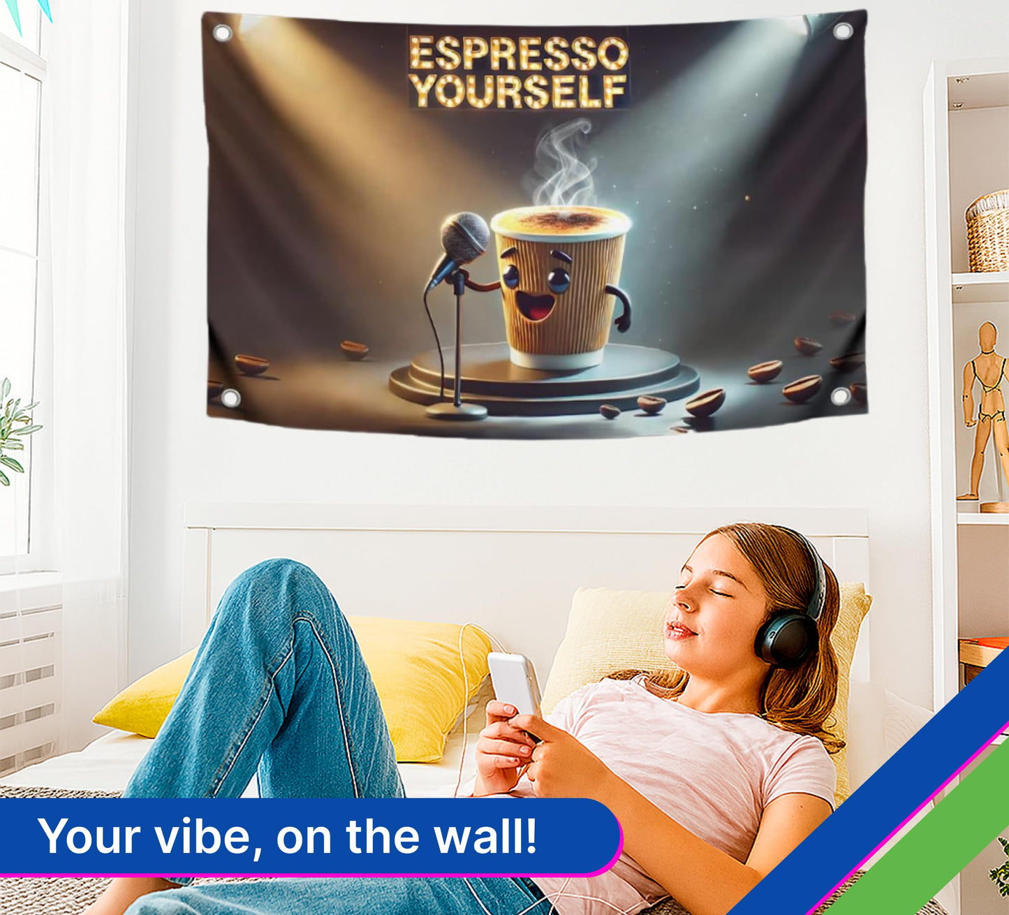 3x5 Feet Coffee Break Flag with Quotes with 4 Brass Grommets - Song Banner Espresso Yourself for Wall Decoration - Musical Single Sided Flag
