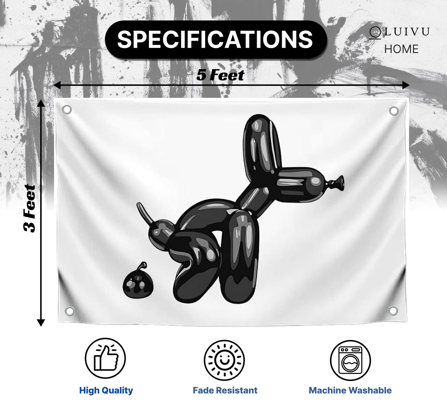 3x5 Feet Adult Humor Modern Bathroom Single Sided Flag with 4 Grommets - Balloon Dog Wall Banner - Funny Black Bathroom Decoration