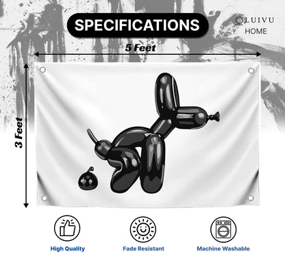 3x5 Feet Adult Humor Modern Bathroom Single Sided Flag with 4 Grommets - Balloon Dog Wall Banner - Funny Black Bathroom Decoration
