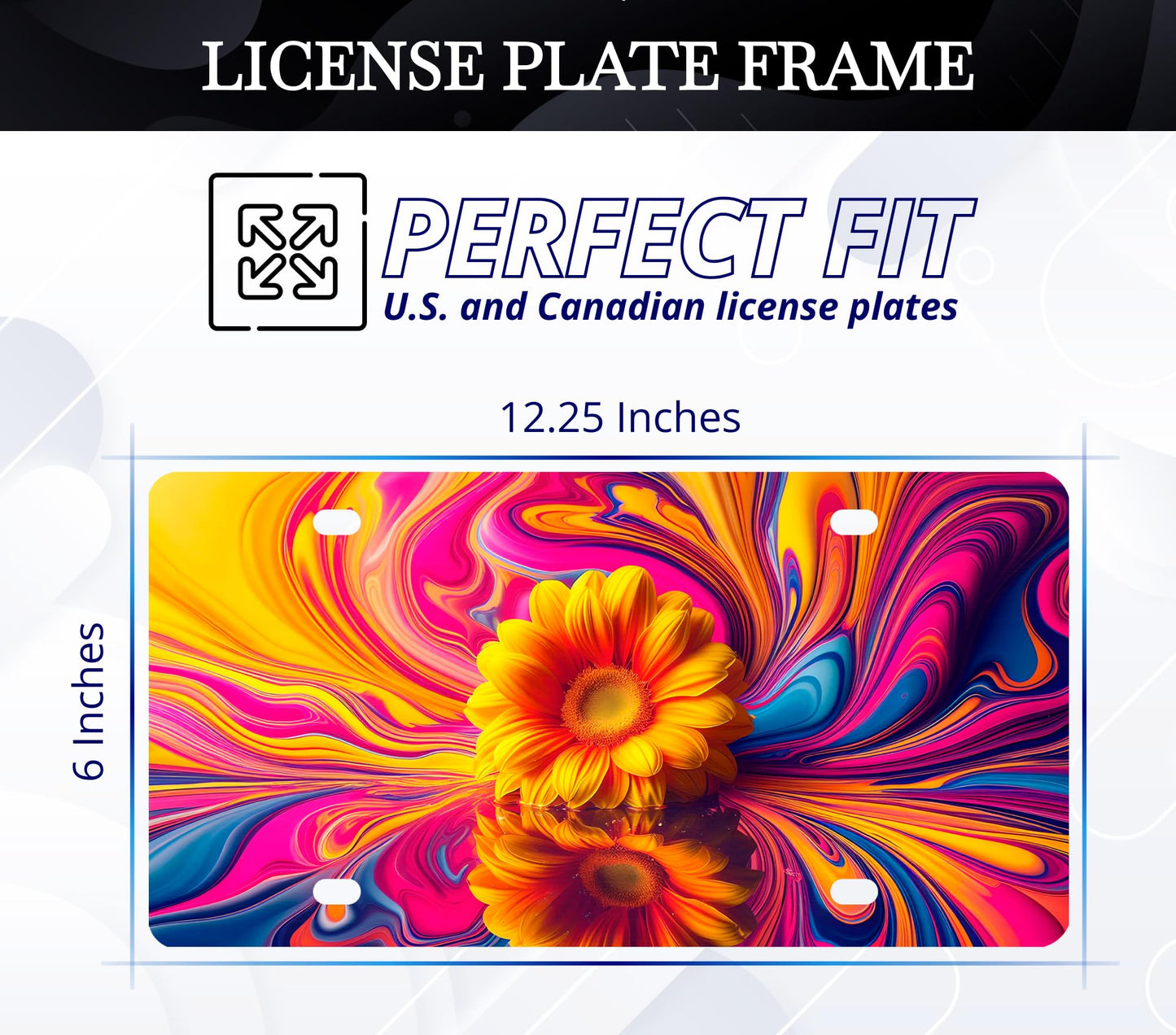 6x12.25 Inch Front Bright Sunflower in Water License for US Standard Plate Frame - Car Frames Abstract Reflection Wave Floral with 4 Holes and Screws