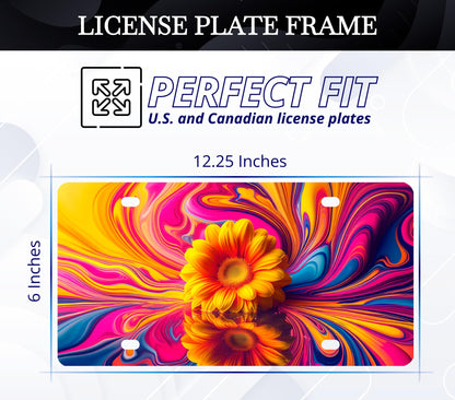 6x12.25 Inch Front Bright Sunflower in Water License for US Standard Plate Frame - Car Frames Abstract Reflection Wave Floral with 4 Holes and Screws