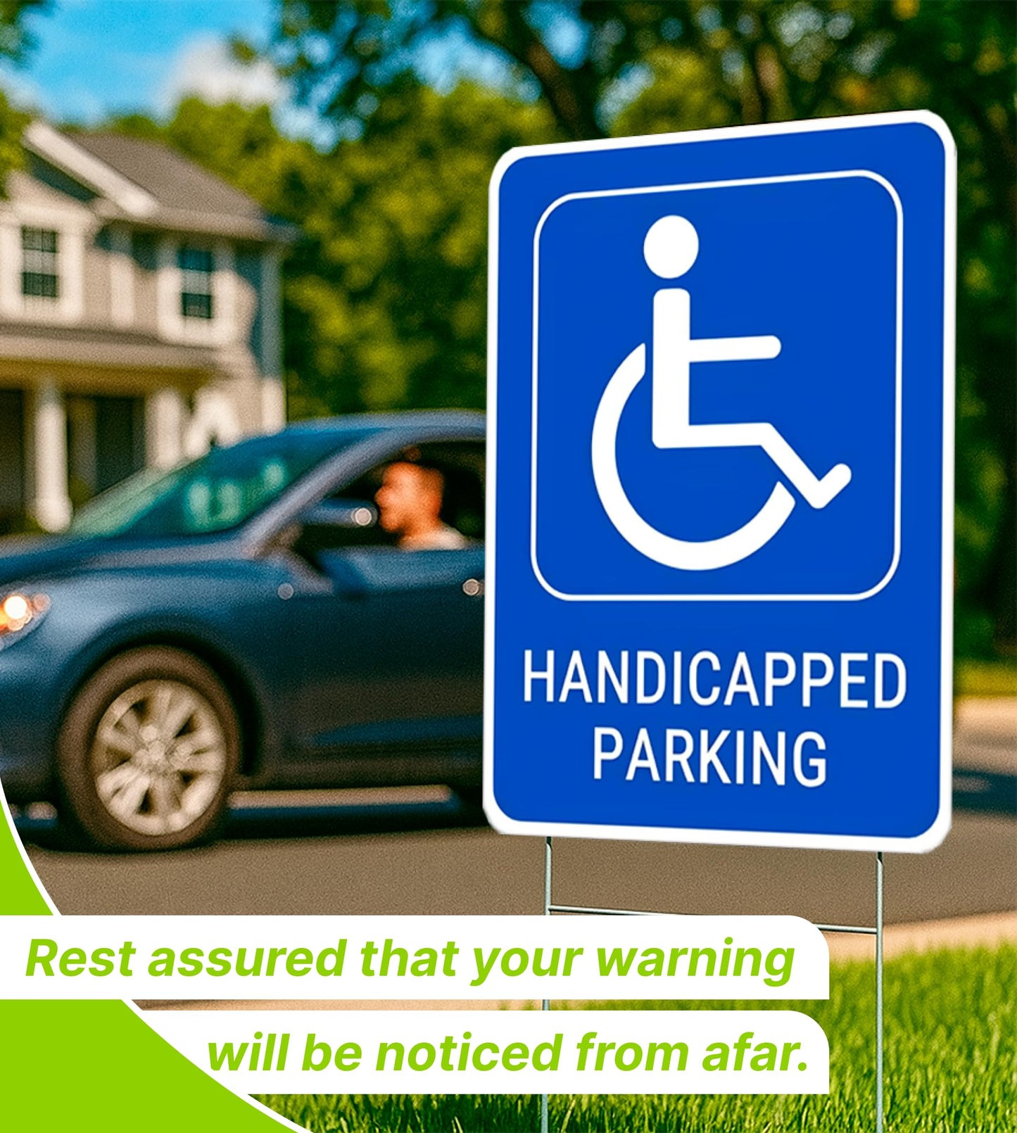 Set of 3 Double Sided 12x8 Inches Handicapped Parking with Metal Wire H-Stakes - Plastic Reserved Parking Signs for Handicapped Only