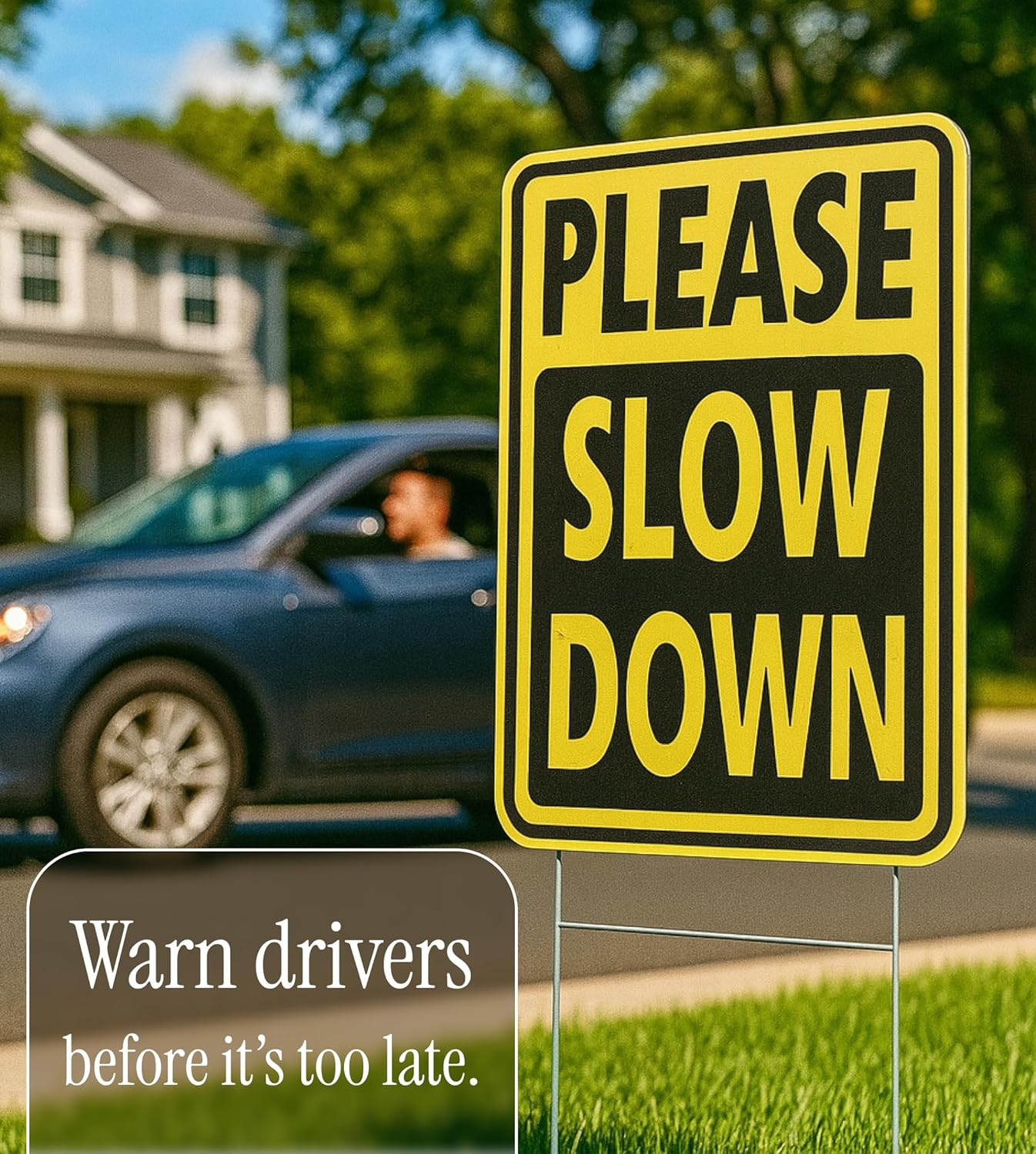 Set of 3 Double Sided 12x8 Inches Please Slow Down Signs with Stakes