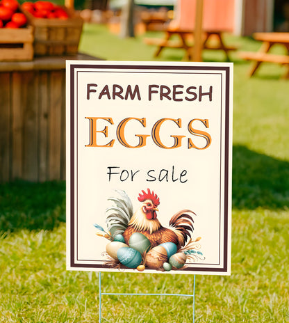 Set of 3 Double Sided 12x16 Inches Farm Fresh Eggs For Sale Sign with Metal H-Stakes - Plastic Farm Fresh Eggs Sold Here Yard Sign