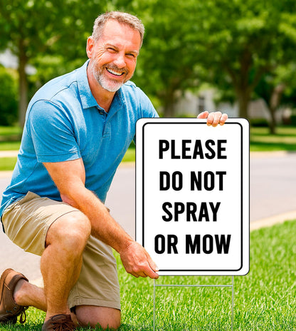 Set of 3 Double Sided Please Do not Spray or Mow Sign with Metal Stakes - 12x8 Inches Plastics Garden Signs Outdoor or Indoor for Lawn Yard