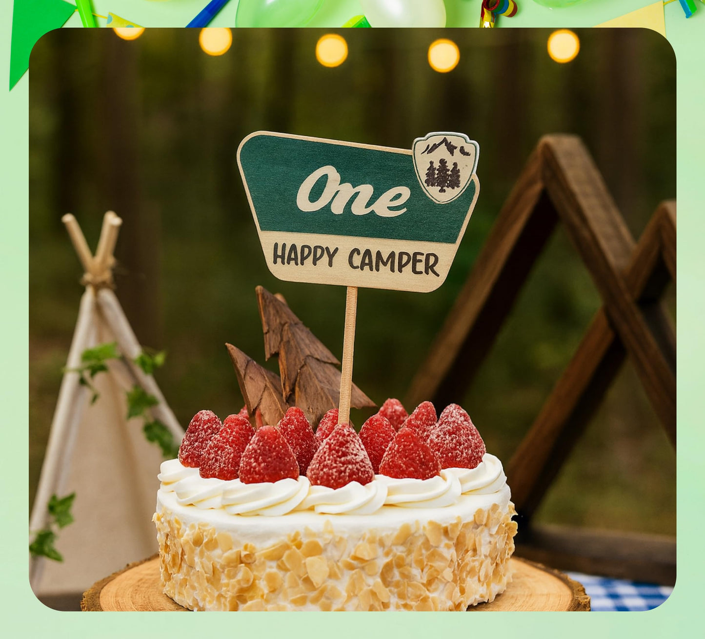 4.8x6.1 Inch Cake Topper For One Happy Camper - One Happy Camper Birthday Decorations. Camping Party Wooden Cake Toppers or Wedding Anniversary Rravel