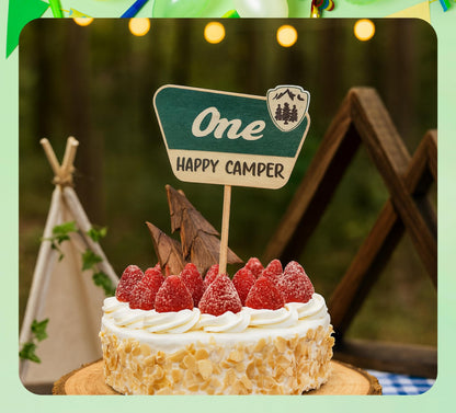 4.8x6.1 Inch Cake Topper For One Happy Camper - One Happy Camper Birthday Decorations. Camping Party Wooden Cake Toppers or Wedding Anniversary Rravel