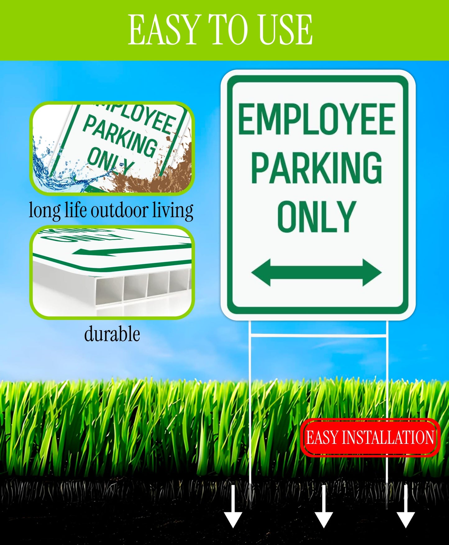 Set of 3 Double Sided 12x16 Inches Employee Parking Only Sign with Metal Wire H-Stakes - Plastic Sign with Bidirectional Arrow