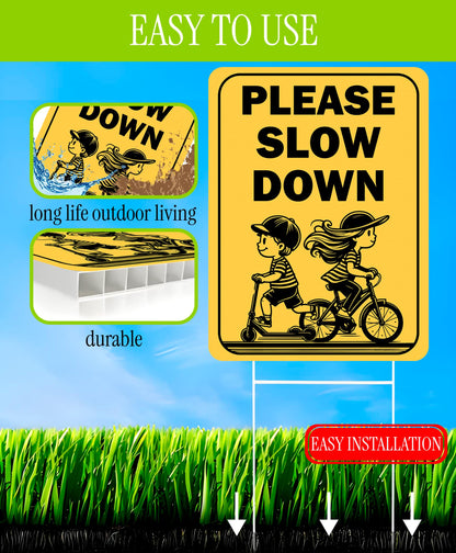 Set of 3 Double Sided 12x16 Inches "Please Slow Down" Sign with Metal H-Stakes - Сhildren at Play Safety Signage for Street