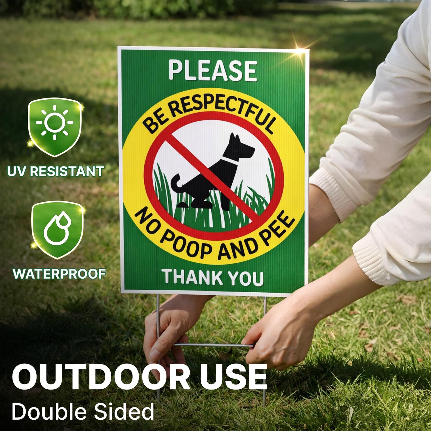 ULVEOL Set of 3 Double Sided 12x8 Inches Please Be Respectful No Poop And Pee Thank You Sign with Metal Stakes