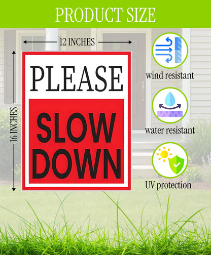 3 Pack 12x16 Double-Sided Please Slow Down Sign with Metal Wire H-Stakes - Children At Play Safety signs for Street Plastic Signs
