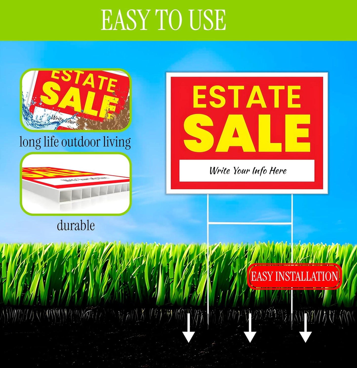 12x16 Inch 3X Double Sided Real Estate Sale Yard Sign - Estate Sale Arrows Plastic Signs with Metal H Stakes