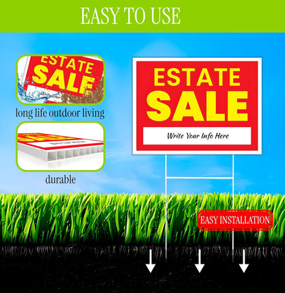 12x16 Inch 3X Double Sided Real Estate Sale Yard Sign - Estate Sale Arrows Plastic Signs with Metal H Stakes