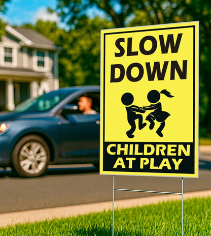 Set of 3 Street Safety Signs with Stakes 12x8 Inch - Attention Kids Playing Road Plastic Sign Double Sided