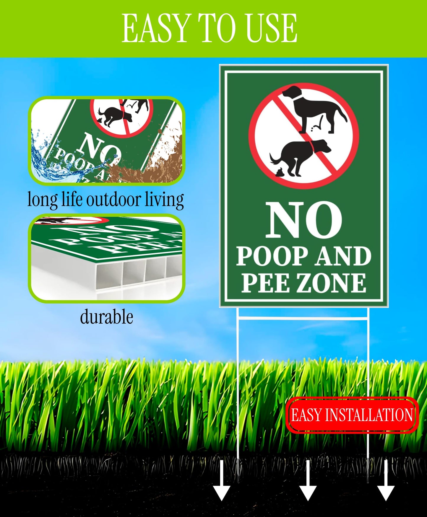 Set of 3 Double Sided 12x8 Inches Plastic Sign "No Poop and Pee Zone" with Metal H-Stakes