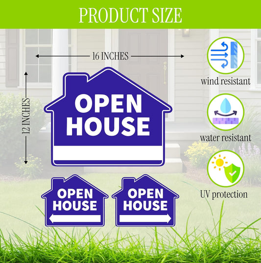 Set of 3 Double Sided Open House Real Estate Plastic Signs 12x16 Inch