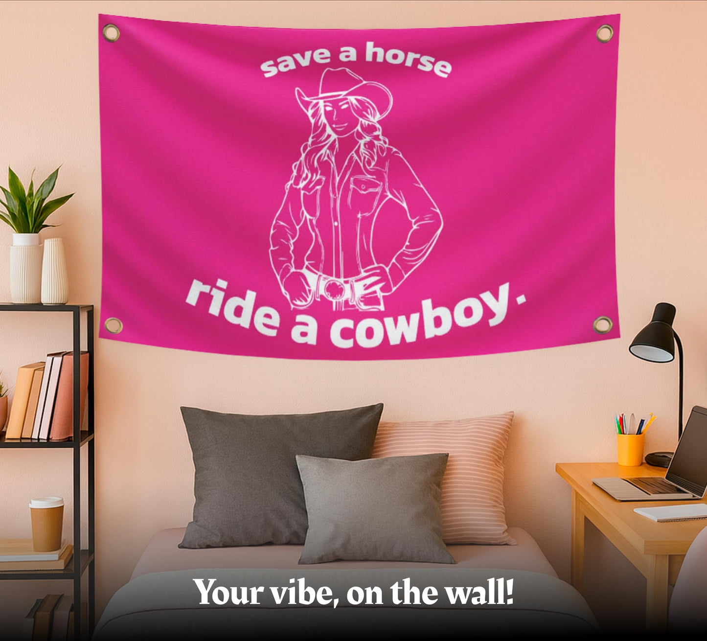 3x5 Feet Save a Horse Ride a Cowboy Flag - Pink College/Dorm Room Flags - Funny Man Cave Wall Banner with Brass Grommets for Teen Girl Bedroom Living
