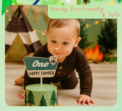 4.8x6.1 Inch Cake Topper For One Happy Camper - One Happy Camper Birthday Decorations. Camping Party Wooden Cake Toppers or Wedding Anniversary Rravel