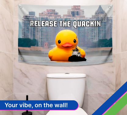 3x5 Feet Meme Flag with Quote "Release The Quackin" with Four Brass Grommets - Polyester Funny Flag with Duck on The Water