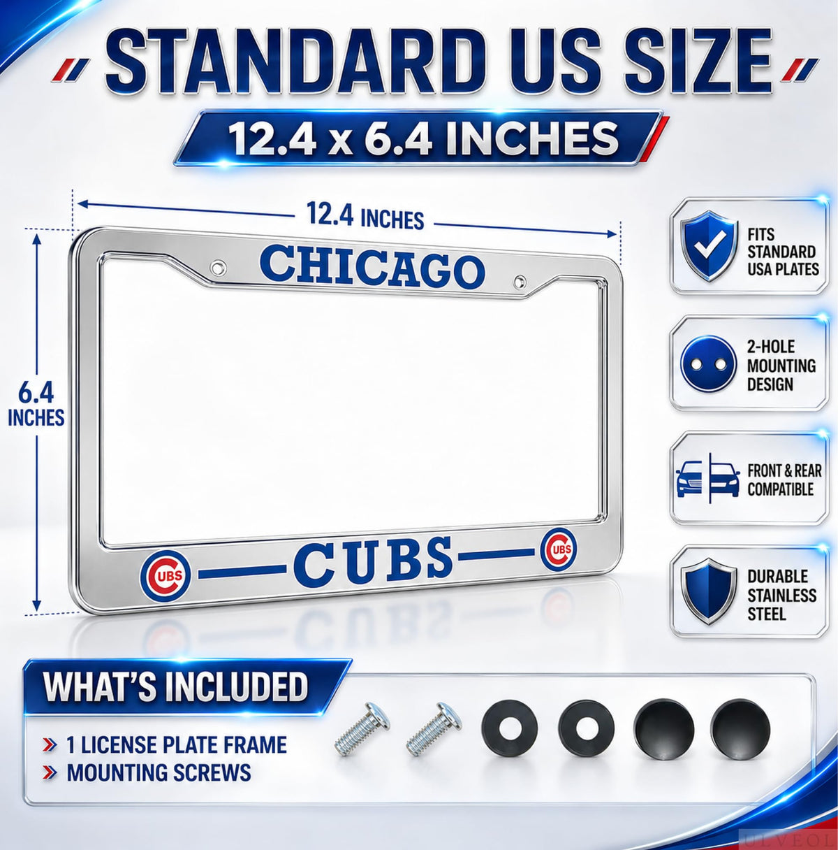 12.4x6.4 in Chicago License Plate Frame – Stainless Steel, Fits Standard US Plates