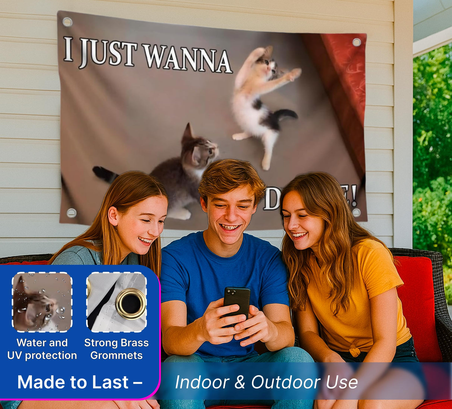 3x5 Feet Cat Meme Single Sided Flag with Quote "I Just Wanna Dance" with 4 Brass Grommets - Flag with Cats for Living Room - Funny Animals Banner