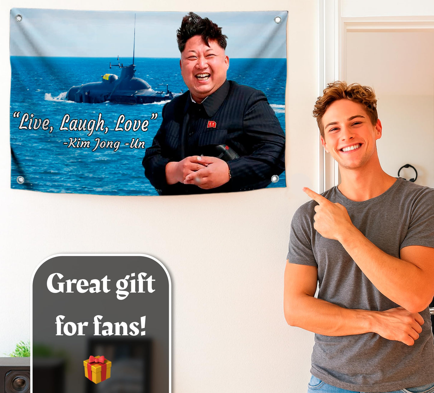 3x5 Feet Kim Jong Un Polyester Flag Live Laugh Love with 4 Grommets - Flags Indoor and Outdoor - Funny American Single Sided Flag Banner