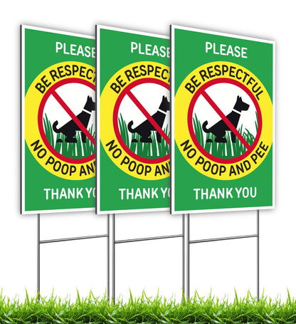 12x8 in Please Be Respectful, No Poop and Pee Dog Yard Signs, Set of 3 – Double-Sided with Metal Stakes