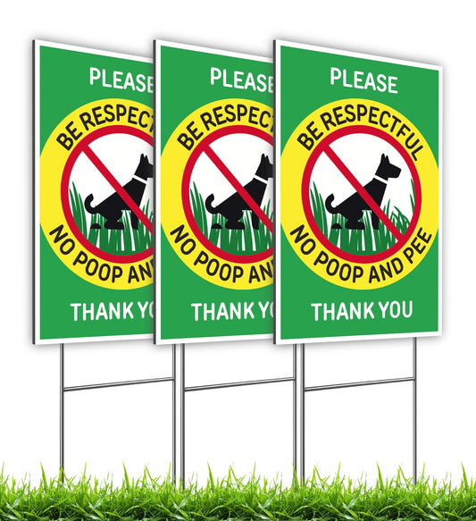 12x8 in Please Be Respectful, No Poop and Pee Dog Yard Signs, Set of 3 – Double-Sided with Metal Stakes