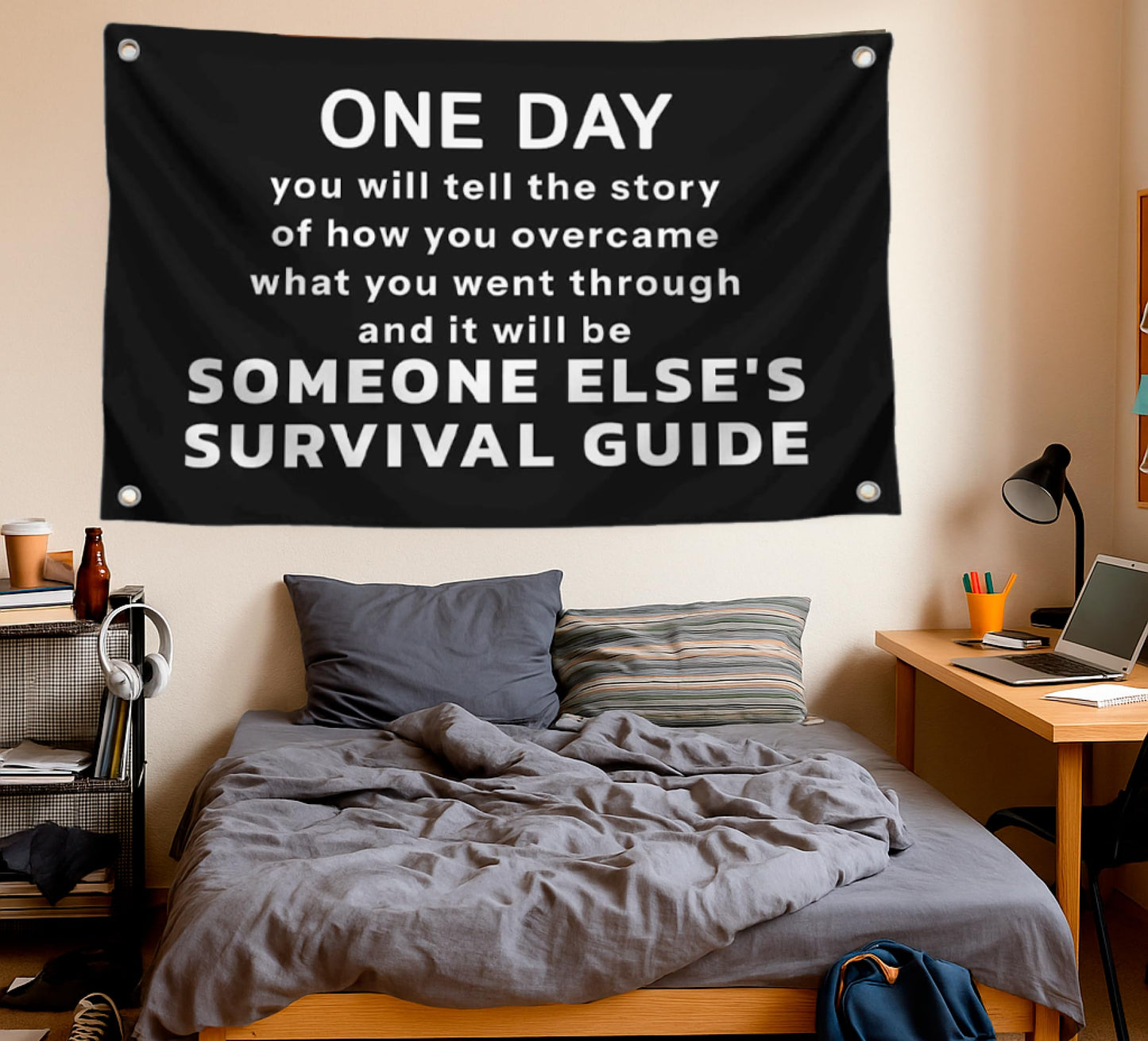 3x5 Ft Motivational Quote Black Polyester Flag One Day with Four Brass Grommets. Positive Quotes Posters for Men - Wall Decorations for Home or Office
