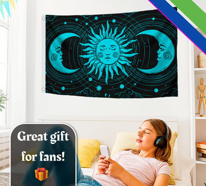3x5 Feet Feet Sun and Moon Celestial Hippie Black Art Polyester Flags with 2 Grommets - Spring Summer Holiday Garden Decor for Outside or Inside