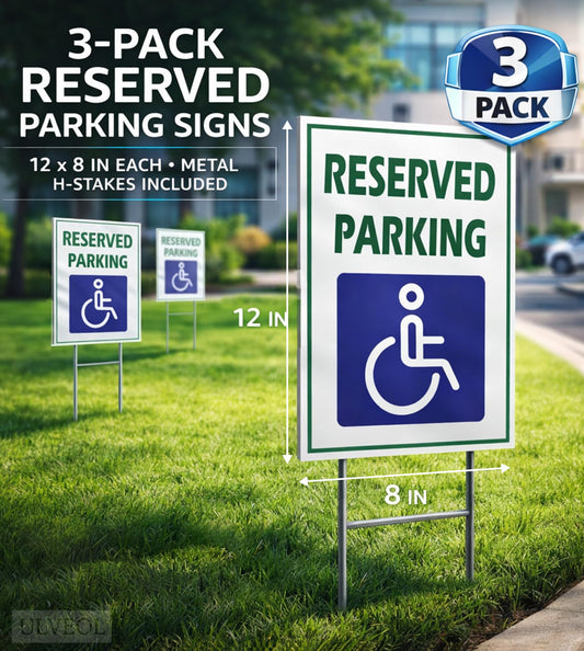 12x8 in Reserved Parking Wheelchair Sign, Pack of 3 – Double-Sided with Metal Stakes
