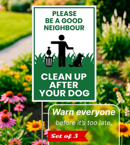 3X Single Sided 12х8 inch Clean Up After Your Dog Plastic Sign with Metal H-Stakes - Be a Good Neighbor Sign - Pick Up Your Dog Poop Signs