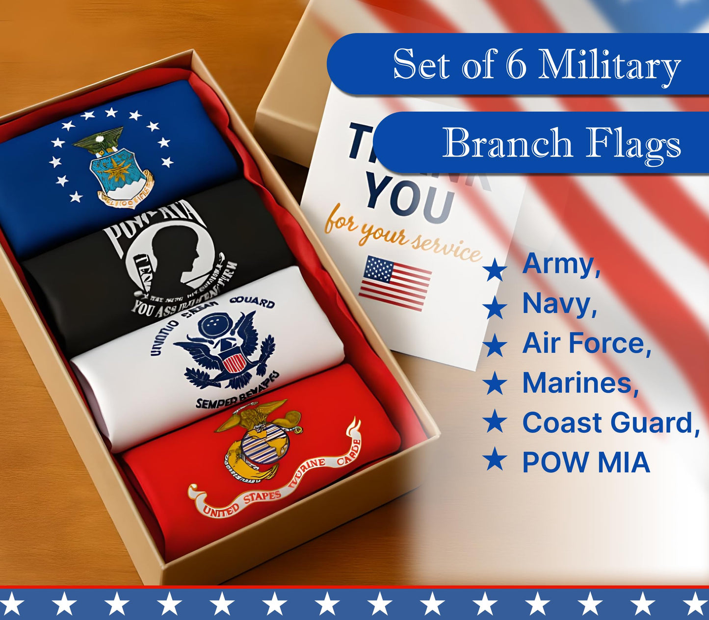 Set of 6 Single Sided Military 5 Branches Army Navy Marines Air Force Coast Guard and Pow Mia Stick Flag 12x18 inch - Army Polyester Flags