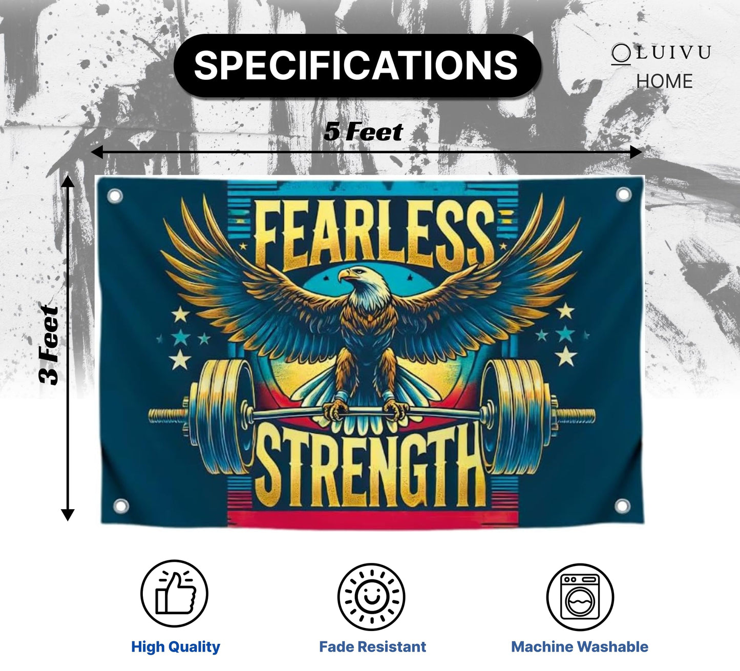 3x5 Ft Motivation Gym Single Sided Flag with Quote Fearless Strength with 4 Brass Grommets - Eagle Inspirational Polyester Banner for Wall Decoration