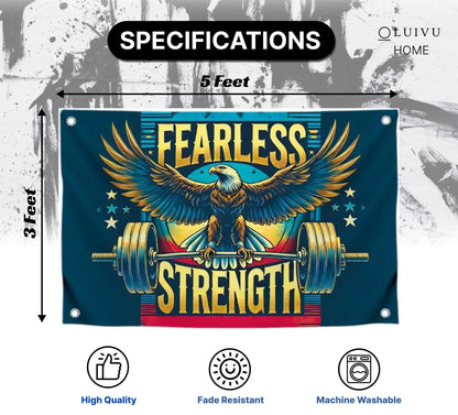 3x5 Ft Motivation Gym Single Sided Flag with Quote Fearless Strength with 4 Brass Grommets - Eagle Inspirational Polyester Banner for Wall Decoration